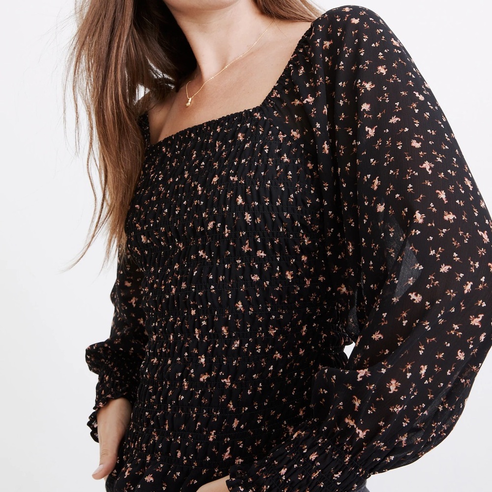 NWT Madewell (Re)sourced Georgette Lucie Bubble-Sleeve Smocked Top Stem Scatter